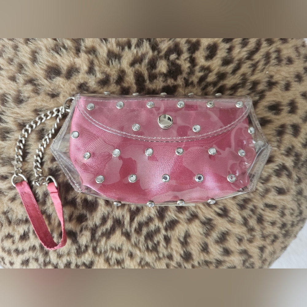 Vintage Victoria Secret Clear Plastic Rhinestone Wristlet Pink Silky Lining